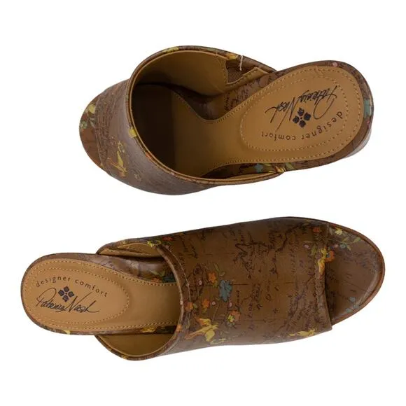 Patricia Nash Floral Map Ottavia Stacked Block Heel Leather Mules 10 Tan Brown