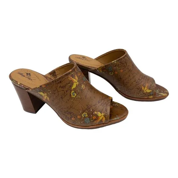 Patricia Nash Floral Map Ottavia Stacked Block Heel Leather Mules 10 Tan Brown