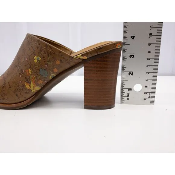 Patricia Nash Floral Map Ottavia Stacked Block Heel Leather Mules 10 Tan Brown