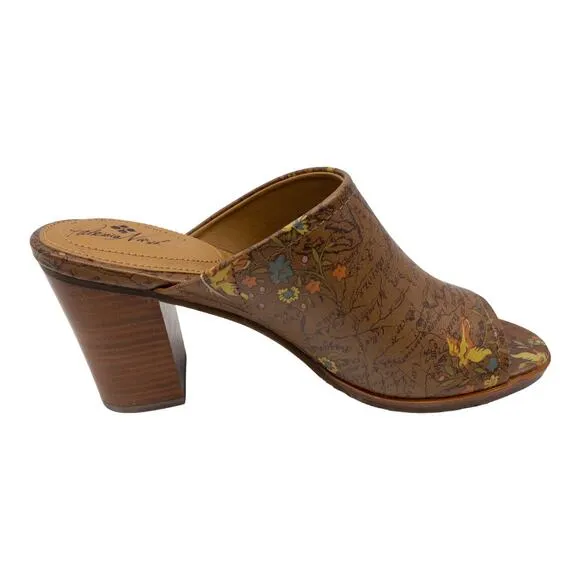 Patricia Nash Floral Map Ottavia Stacked Block Heel Leather Mules 10 Tan Brown