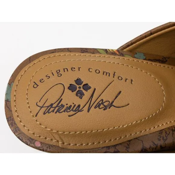 Patricia Nash Floral Map Ottavia Stacked Block Heel Leather Mules 10 Tan Brown