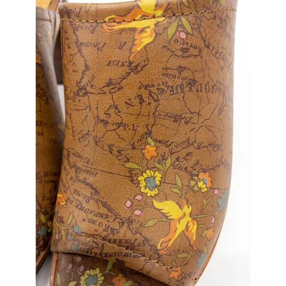 Patricia Nash Floral Map Ottavia Stacked Block Heel Leather Mules 10 Tan Brown