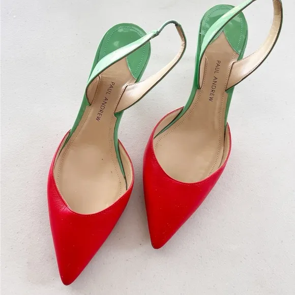 Paul Andrew Color Block Sling Back Kitten Heels in Green Red