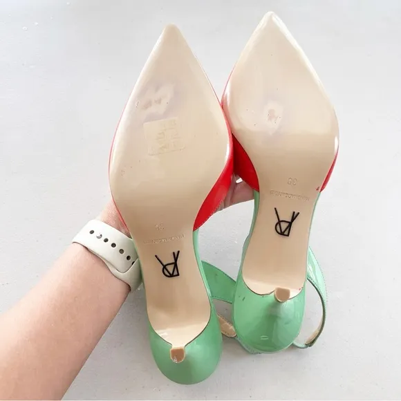 Paul Andrew Color Block Sling Back Kitten Heels in Green Red