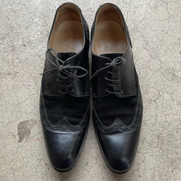 Paul Fredrick Men’s Black Leather Wingtip Oxfords Brogue Dress Shoes Size 10M