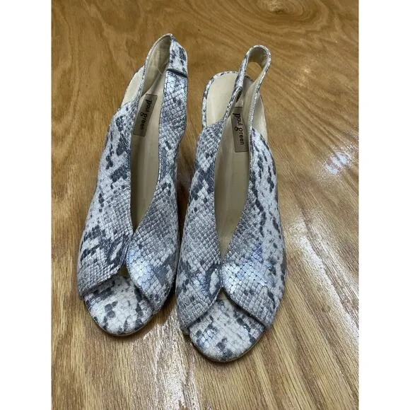 Paul Green Avanti Pump Heels Women's 8/5.5 Gray Snakeskin Slingback Preppy S64