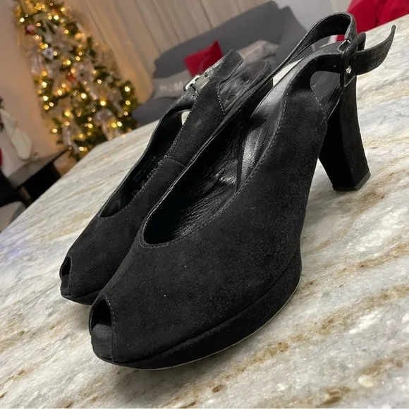 Paul Green Peep Toe Black Suede Slingback Heels