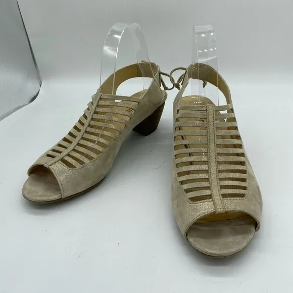 Paul Green Trisha Caged Slingback Sandal Tan Shimmer Block Heels Womens Size 9.5