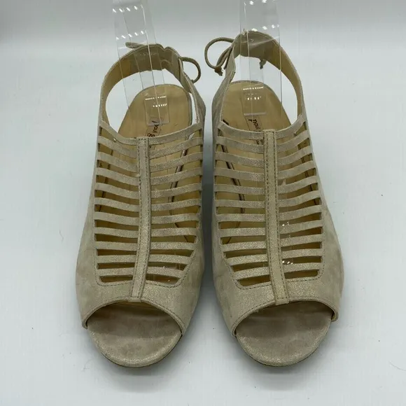 Paul Green Trisha Caged Slingback Sandal Tan Shimmer Block Heels Womens Size 9.5