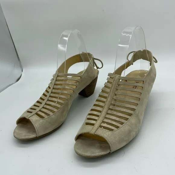 Paul Green Trisha Caged Slingback Sandal Tan Shimmer Block Heels Womens Size 9.5