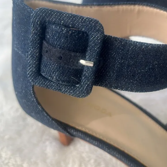 Pella Moda Berlin Denim Modern Sz 11 kitten Heels ankle strap oversized buckle