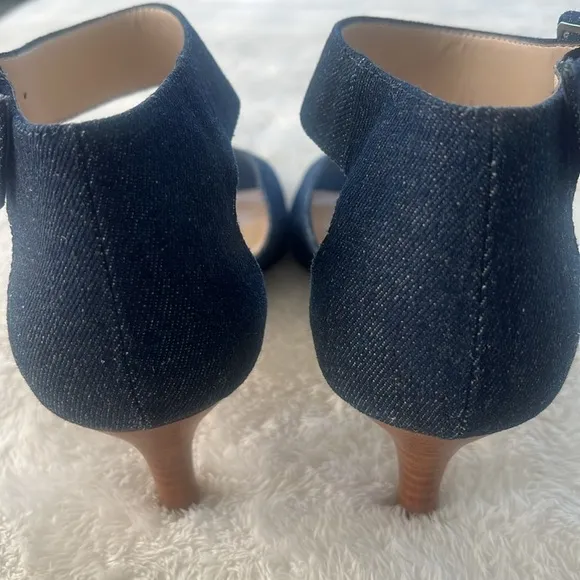 Pella Moda Berlin Denim Modern Sz 11 kitten Heels ankle strap oversized buckle