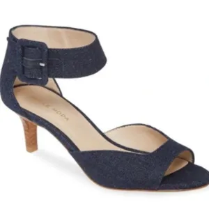Pella Moda Berlin Denim Modern Sz 11 kitten Heels ankle strap oversized buckle