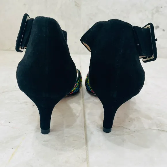 PELLE MODA {6M} Sandal Heels Embroidered FloralBlack Suede Open Toe Kitten Heel