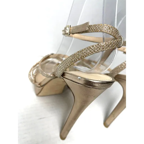 Pelle Moda Champagne Rhinestone Criss Cross Ankle Strap Platform Heels Size 7.5M