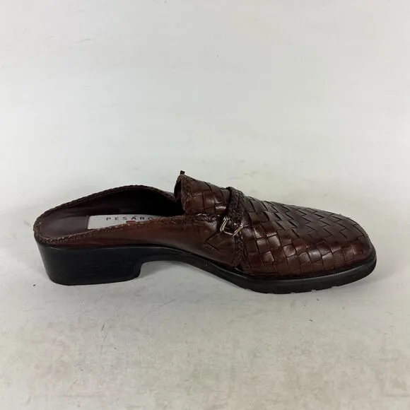 Pesaro Mules Clogs Women's 8 Brown Leather Basketweave Round Toe Comfort Shoes
