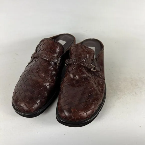 Pesaro Mules Clogs Women's 8 Brown Leather Basketweave Round Toe Comfort Shoes