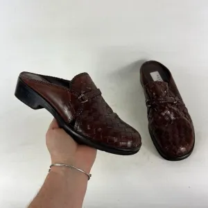 Pesaro Mules Clogs Women's 8 Brown Leather Basketweave Round Toe Comfort Shoes