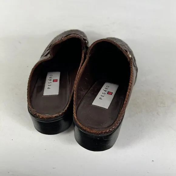 Pesaro Mules Clogs Women's 8 Brown Leather Basketweave Round Toe Comfort Shoes