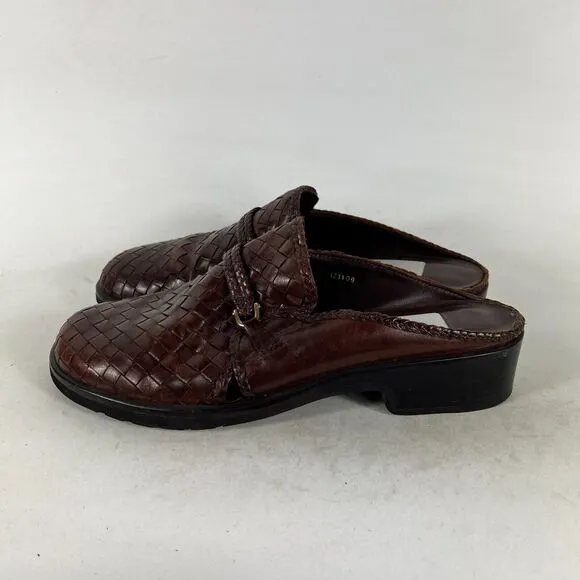 Pesaro Mules Clogs Women's 8 Brown Leather Basketweave Round Toe Comfort Shoes