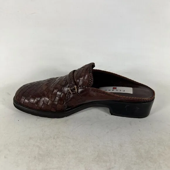 Pesaro Mules Clogs Women's 8 Brown Leather Basketweave Round Toe Comfort Shoes