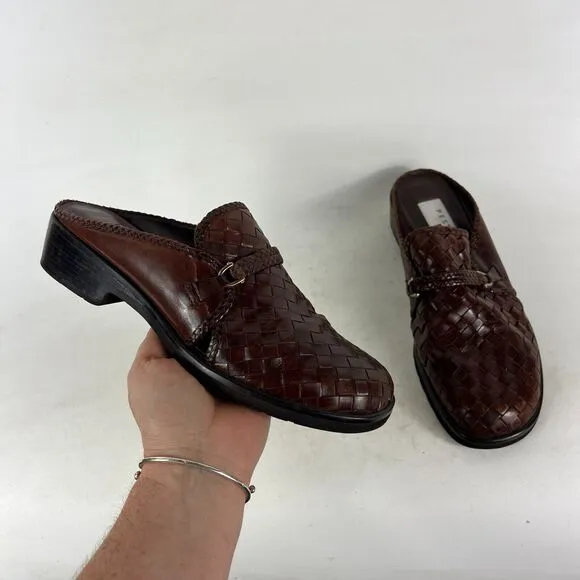 Pesaro Mules Clogs Women's 8 Brown Leather Basketweave Round Toe Comfort Shoes