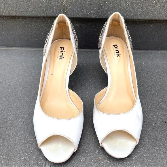 Pink Paradox London kitten HEELS White Satin Wedding Bridal silver Rhinestones