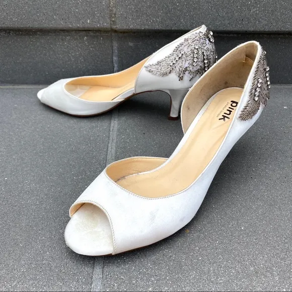 Pink Paradox London kitten HEELS White Satin Wedding Bridal silver Rhinestones