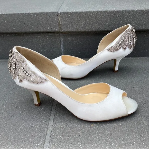 Pink Paradox London kitten HEELS White Satin Wedding Bridal silver Rhinestones