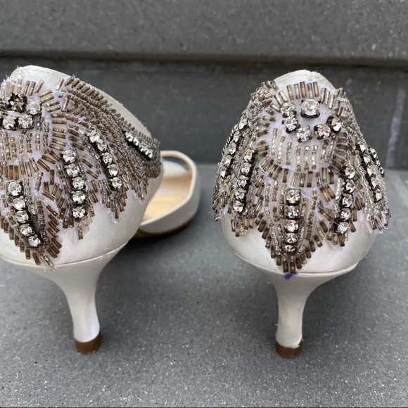 Pink Paradox London kitten HEELS White Satin Wedding Bridal silver Rhinestones