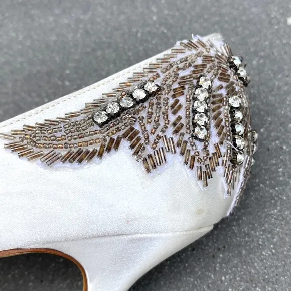 Pink Paradox London kitten HEELS White Satin Wedding Bridal silver Rhinestones