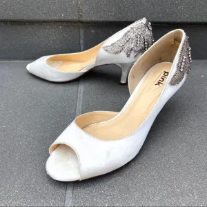 Pink Paradox London kitten HEELS White Satin Wedding Bridal silver Rhinestones