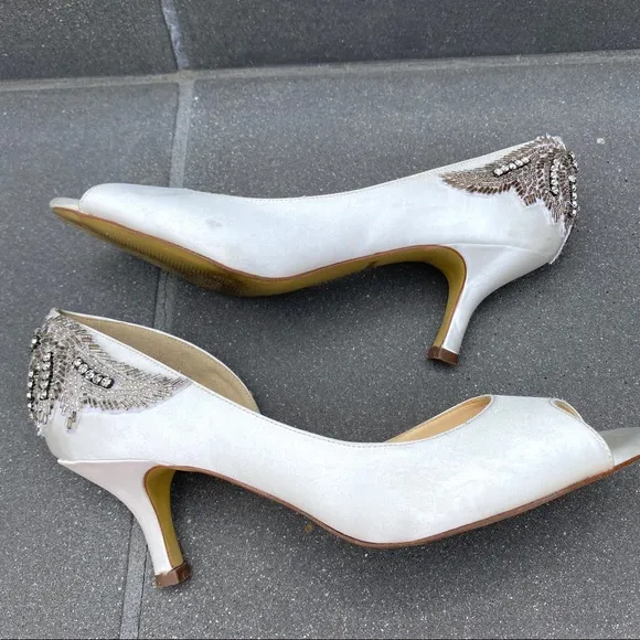 Pink Paradox London kitten HEELS White Satin Wedding Bridal silver Rhinestones
