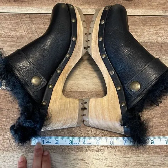 Polo Ralph Lauren Womens Leather Block Heel Shearling Clogs Shoes Black Size 8