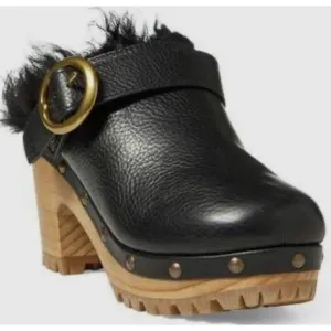 Polo Ralph Lauren Womens Leather Block Heel Shearling Clogs Shoes Black Size 8