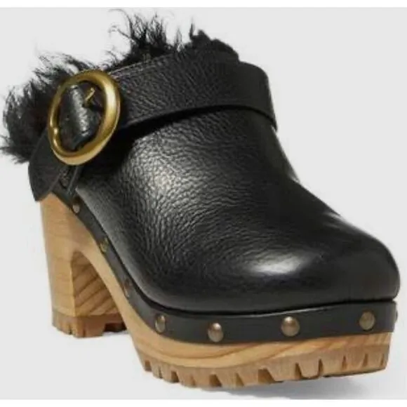 Polo Ralph Lauren Womens Leather Block Heel Shearling Clogs Shoes Black Size 8