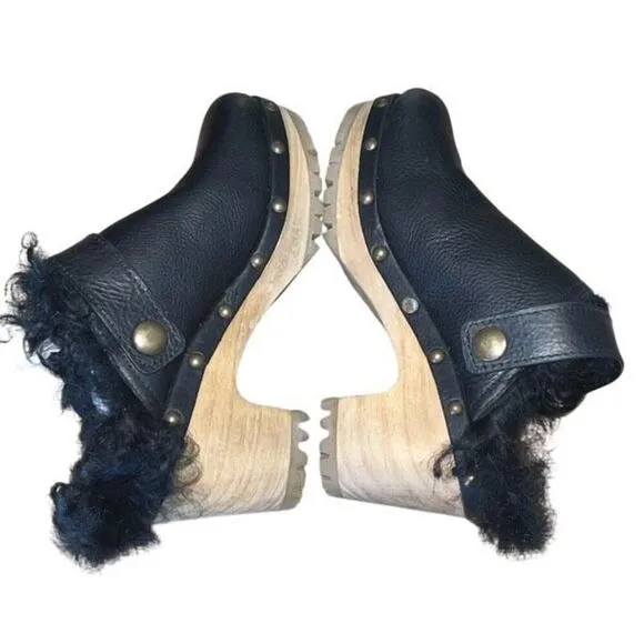 Polo Ralph Lauren Womens Leather Block Heel Shearling Clogs Shoes Black Size 8