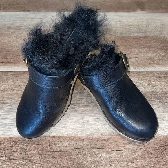 Polo Ralph Lauren Womens Leather Block Heel Shearling Clogs Shoes Black Size 8