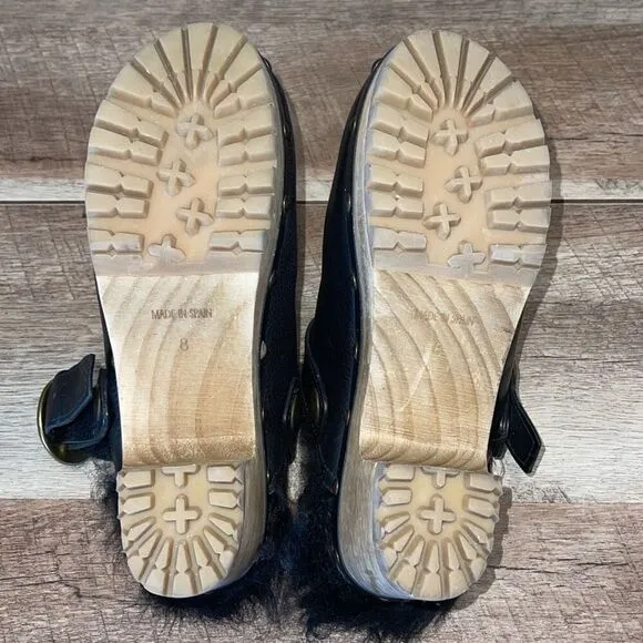 Polo Ralph Lauren Womens Leather Block Heel Shearling Clogs Shoes Black Size 8