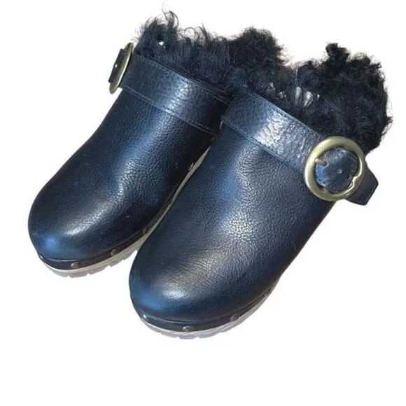 Polo Ralph Lauren Womens Leather Block Heel Shearling Clogs Shoes Black Size 8