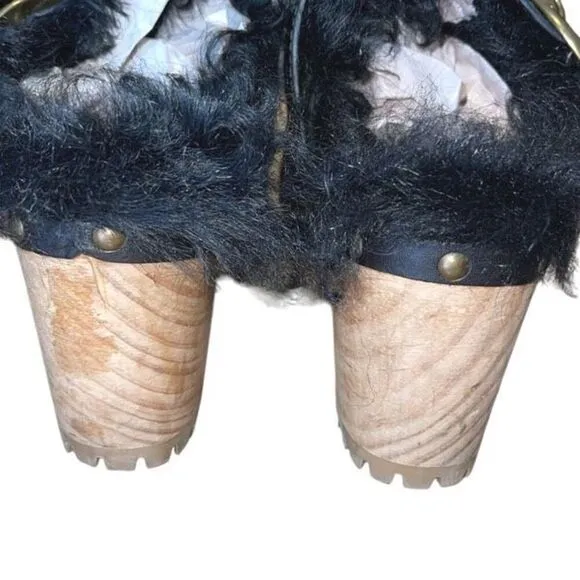 Polo Ralph Lauren Womens Leather Block Heel Shearling Clogs Shoes Black Size 8