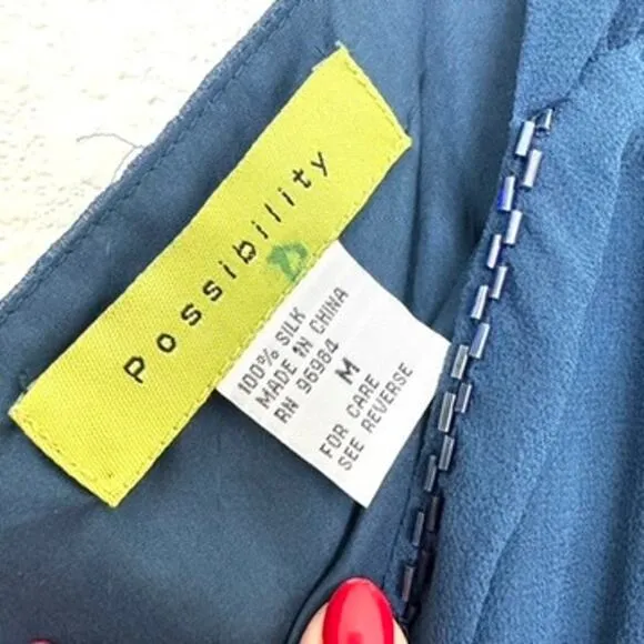 Possibility by Fiori di Zucca 100% Silk Slip Dress, Navy, Size M