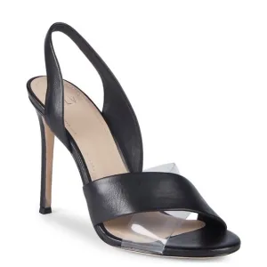 Pour La Victoire Elly Black Leather Clear PVC Slingback Sandal Heels