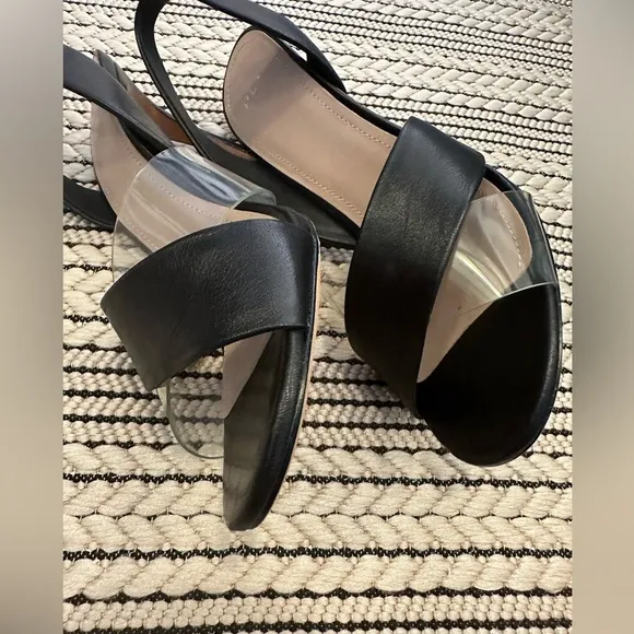 Pour La Victoire Elly Black Leather Clear PVC Slingback Sandal Heels