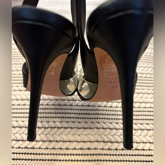 Pour La Victoire Elly Black Leather Clear PVC Slingback Sandal Heels
