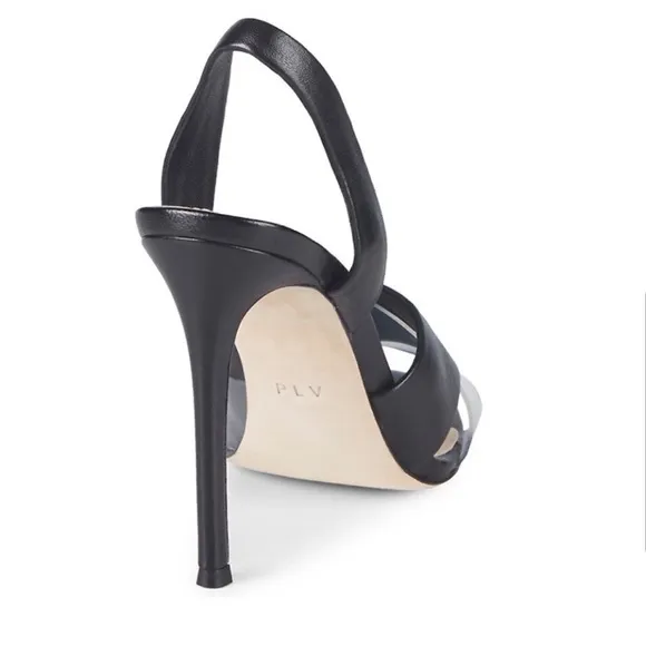 Pour La Victoire Elly Black Leather Clear PVC Slingback Sandal Heels