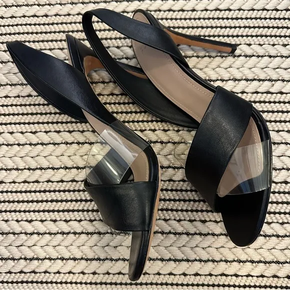 Pour La Victoire Elly Black Leather Clear PVC Slingback Sandal Heels