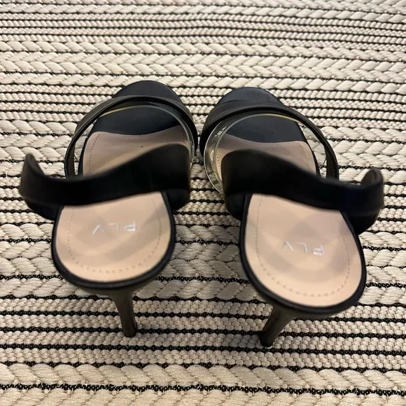 Pour La Victoire Elly Black Leather Clear PVC Slingback Sandal Heels