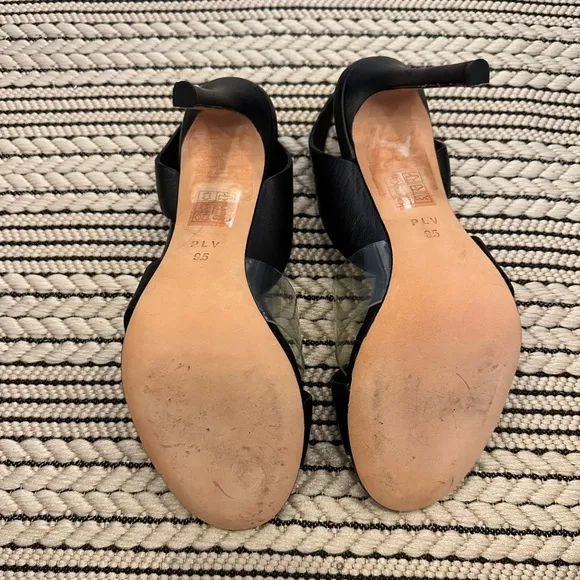 Pour La Victoire Elly Black Leather Clear PVC Slingback Sandal Heels