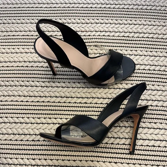 Pour La Victoire Elly Black Leather Clear PVC Slingback Sandal Heels